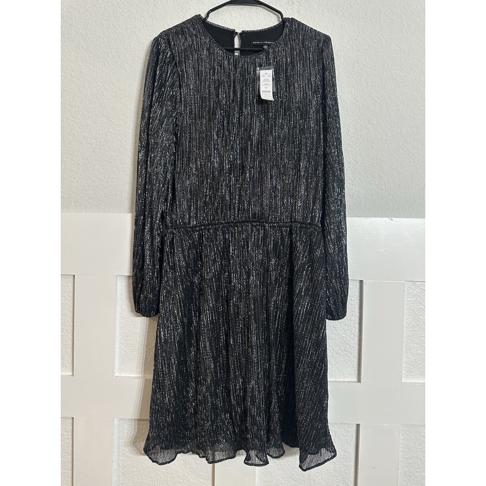 White House Black Market Long Sleeve Shimmer Blouson Dress Large Black Silver